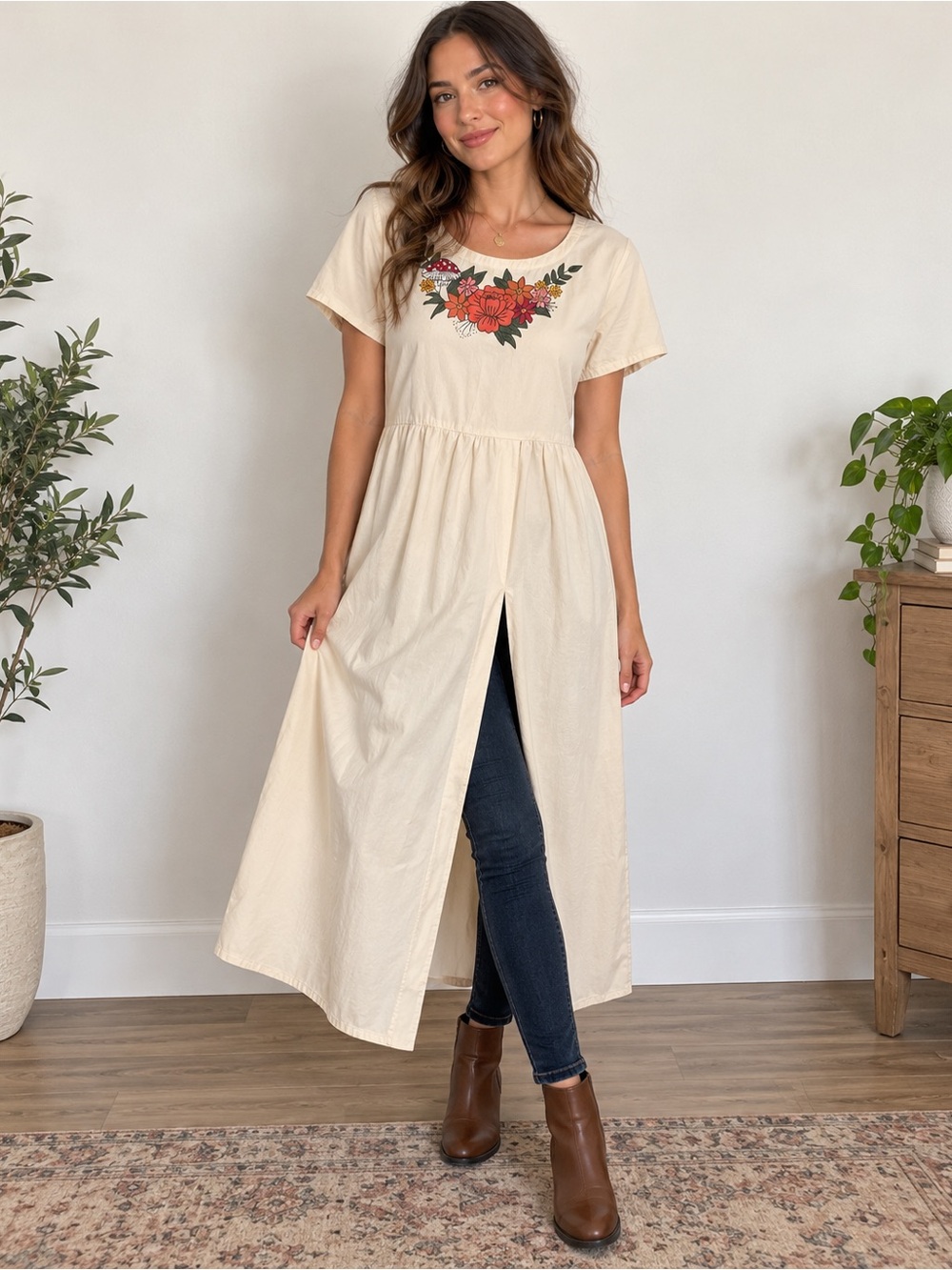Cream Floral Handmade Maxi Dress with Front Slit